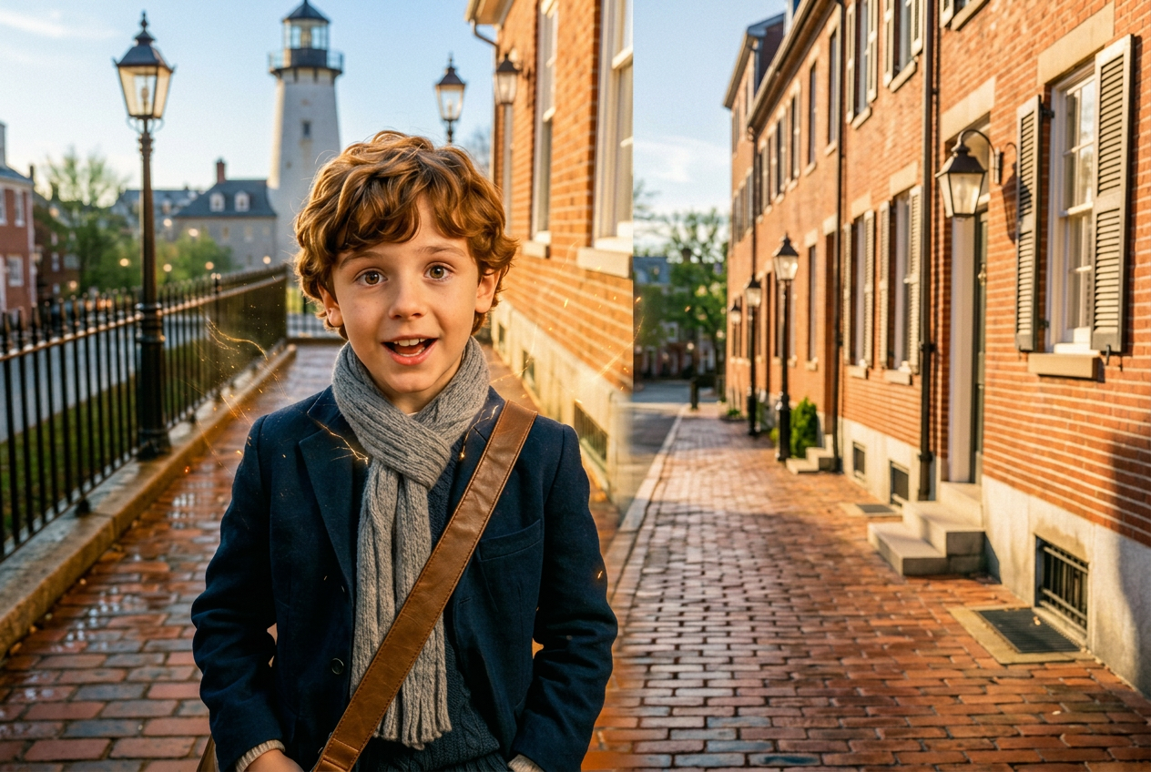 August Finch holding a leather journal on a Beacon Hill cobblestone street